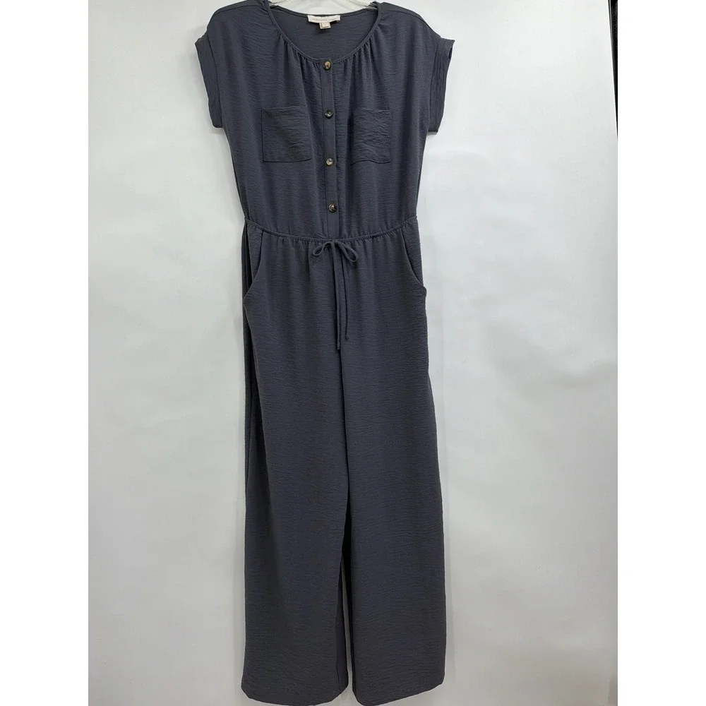 Monteau‎ Los Angeles Gray Wide Leg Jumpsuit Lg Button Front Elastic Waist Pocket